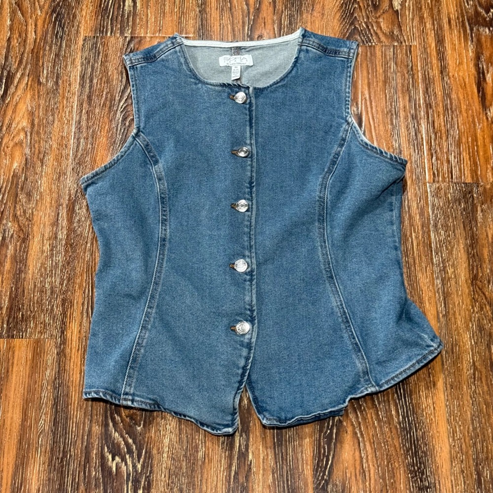 Sofia Jeans M Denim Vest Women Blue Button Front Princess Seam Sleeveless Jacket